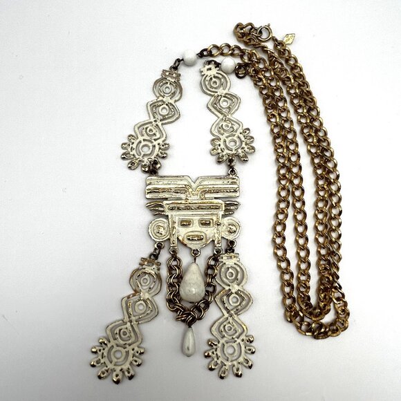 Vintage Sarah Cov Tribal Aztec White Enamel Large Pendant Necklace 36” - Picture 1 of 12